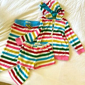 Mini Boden colorful striped toweling shorts, pants, and jacket